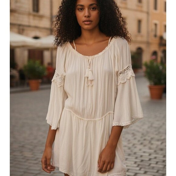 Cleobella Ivory Off-Shoulder Crochet Bell Sleeve Mini Dress - Picture 3 of 14